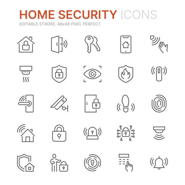 ilustraciones, imágenes clip art, dibujos animados e iconos de stock de colección de iconos de contorno relacionados con la seguridad del hogar. 48x48 píxeles perfectos. trazo editable - security equipment