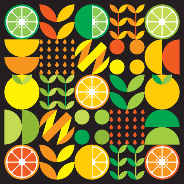 illustrazioni stock, clip art, cartoni animati e icone di tendenza di opera d'arte astratta dell'icona del simbolo del frutto arancione. arte vettoriale semplice, illustrazione geometrica di agrumi colorati, limoni, limonata, lime e foglie. design minimalista agrumata su sfondo nero. - grapefruit citrus fruit leaf fruit