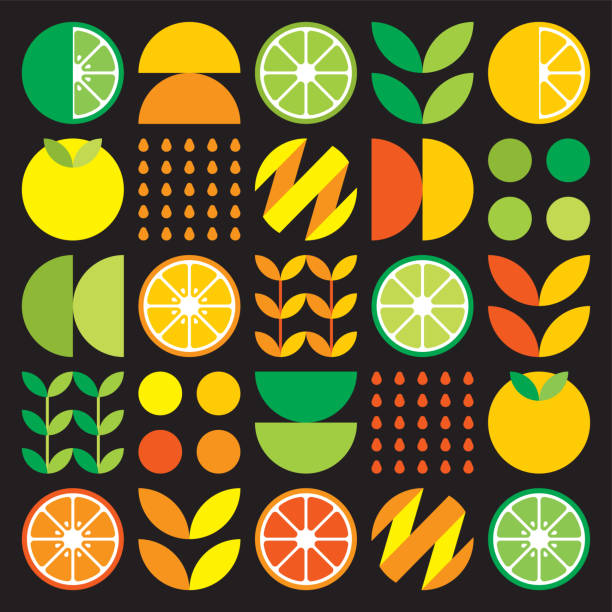 illustrations, cliparts, dessins animés et icônes de illustration abstraite de l’icône du symbole du fruit orange. art vectoriel simple, illustration géométrique d’agrumes colorés, de citrons, de limonade, de citrons verts et de feuilles. design plat minimaliste d’agrumes sur fond noir. - lemon portion citrus fruit juice