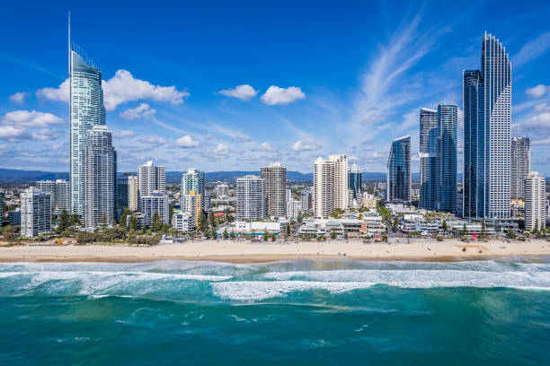 istock Aerial front view Surfers Paradise foreshore & skyline from Pacific Ocean 1443419585