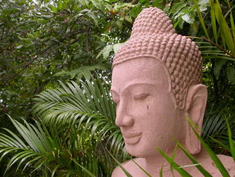 Stone buddha against green leaves, from Phnom Penh, Cambodia.