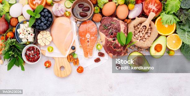 Ketogenic Low Carbs Diet Concept Ingredients For Healthy Foods Selection Set Up On White Concrete Background Stock Photo - Download Image Now