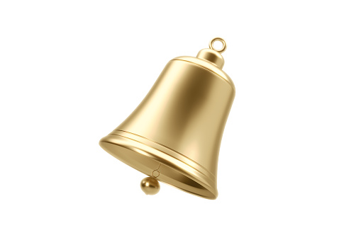 Gold colored jingle bell isolated on white background. Horizontal composition with clipping path and copy space.