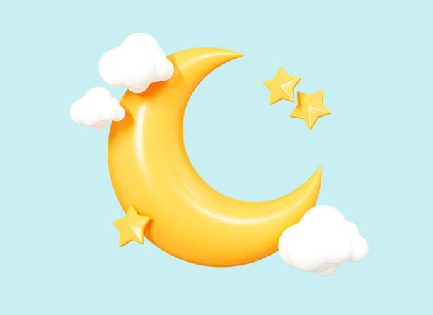 3D Crescent moon with cloud and star. Half yellow moon. Realistic elements for holiday, celebration banner and poster. Cartoon creative design icon isolated on blue background. 3D Rendering
