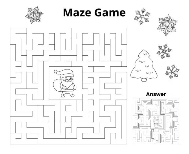 Vector illustration of Christmas maze game. Winter coloring page.