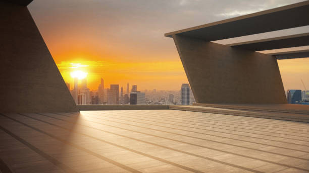 The deck space for products showcases on the deck with the sunset sky. The deck space for products showcases on the deck with the sunset sky.3D Rendering. empty dealership interior stock pictures, royalty-free photos & images