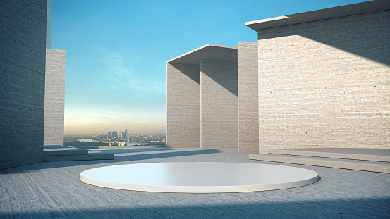 The podium for products showcases on the deck with the city sky.3d rendering.
