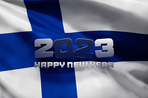 3d illustration of the national flag of Finland with a congratulatory inscription happy new year 2023