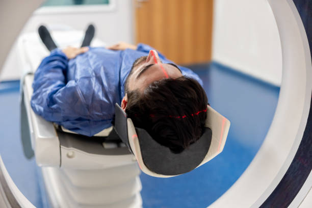 Patient getting a PET scan at the hospital stock photo