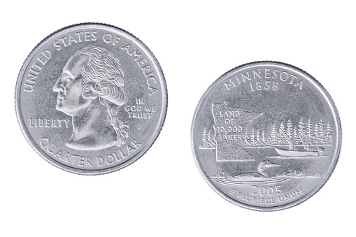 Obverse and reverse sides of the Minnesota 2005P State Commemorative Quarter isolated on a white background