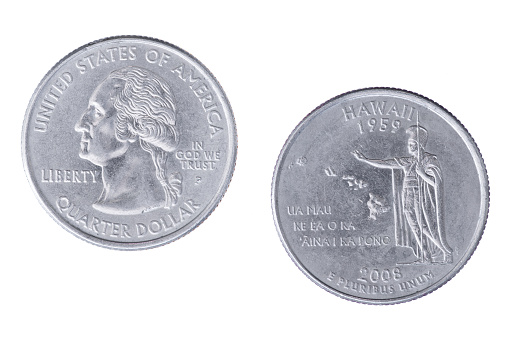 Obverse and reverse sides of the Hawaii 2008P State Commemorative Quarter isolated on a white background