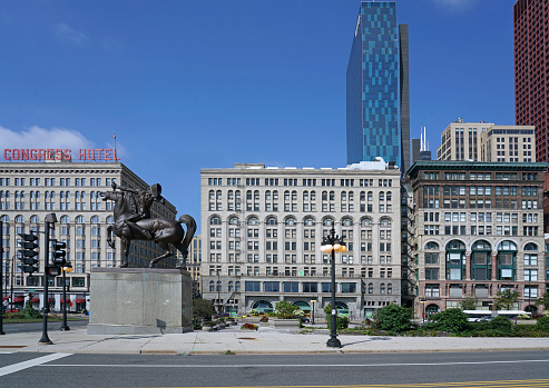 Chicago, USA - August 2022:  Congress Plaza with Spearman statue, and Roosevelt University on Michigan Avenue