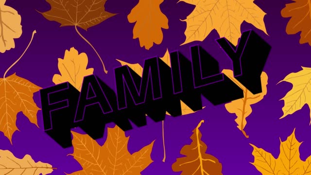 Dancing Autumn Leaves with Family text on purple background.