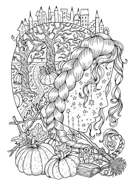 Vector illustration of Mystic vector illustration with silhouette of witch head, pumpkin, occult, esoteric and gothic symbols, black and white coloring page