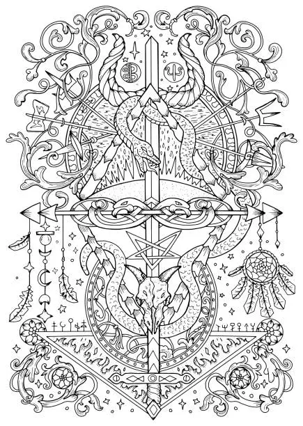 Vector illustration of Mystic vector illustration with occult, esoteric and gothic symbols, snake and pentagram, black and white coloring page