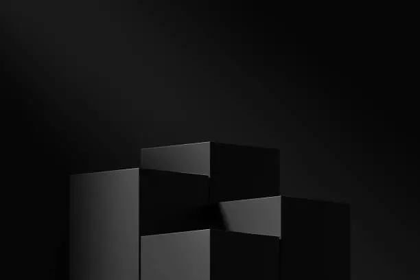 Photo of Black podium stage empty cube background spotlight 3d pedestal space stand of blank product display show object platform or dark presentation scene abstract light luxury showcase template backdrop.