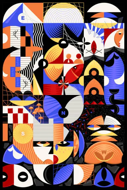 Vector illustration of Mural collage, graphics pattern made with abstract forms and generative geometric shapes. Mosaic background in Bauhaus style. Useful for banner, cover, poster. Vector