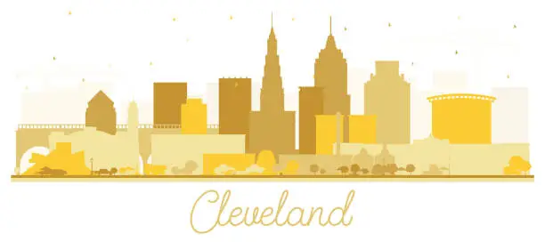 Vector illustration of Cleveland Ohio City Skyline Silhouette with Golden Buildings Isolated on White.