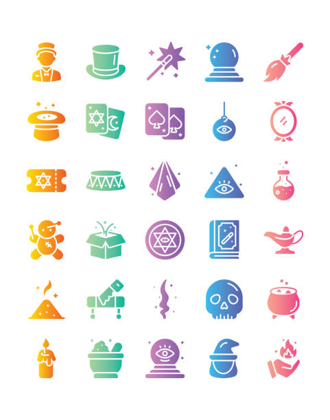 ilustrações, clipart, desenhos animados e ícones de magic icon set 30 isolado no fundo branco - magic magic trick vertical tarot cards