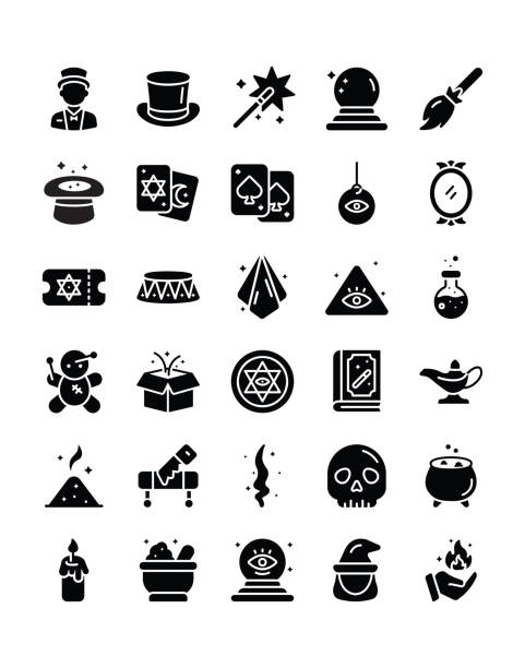 ilustrações, clipart, desenhos animados e ícones de magic icon set 30 isolado no fundo branco - magic magic trick vertical tarot cards