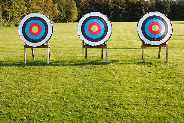 three archery targets in a row on green meadow three archery targets in a row on green meadow bulls eye photos stock pictures, royalty-free photos & images