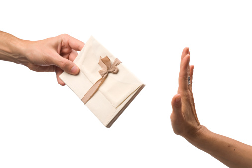 Men passes an envelopes to woman. Photo with clipping path.