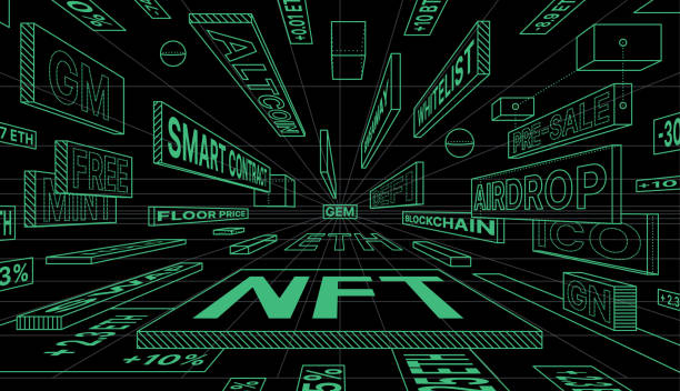 Banner for NFT Industry. One Point Perspective Concept with Terms of Web3. Banner for NFT Industry. One Point Perspective Concept with Terms of Web3. Non Fungible Token and Blockchain Technology. Cryptocurrency. Vector Illustration. non fungible token stock illustrations