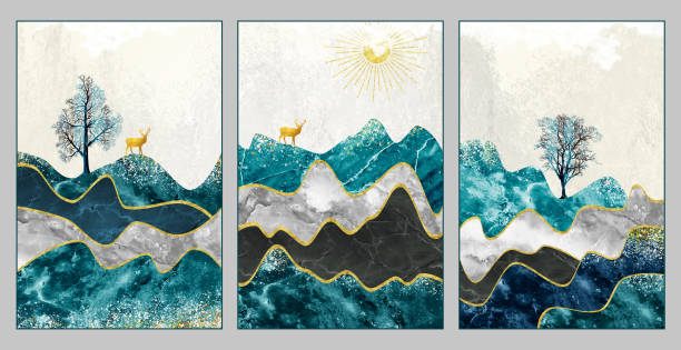 istock 3d modern art mural wallpaper with light background. golden deer, black Christmas tree, turquoise mountains, and moon with a golden sun. for use as a frame on walls. 1443445596