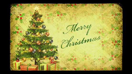 Christmas tree on vintage postcard with Merry Christmas message. Digitally created illustration.