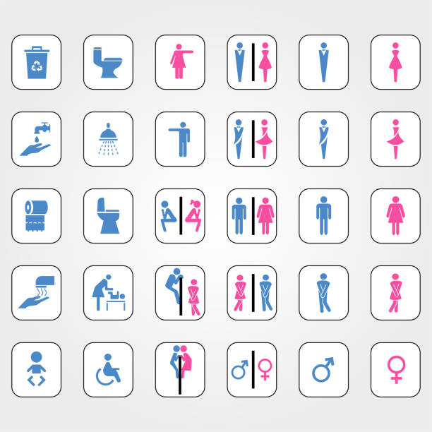 금속 회전 효과 또는 롤러 효과가있는 화장실 표지판 세트파란색과 분홍색 색상 - silhouette interface icons wheelchair icon set stock illustrations