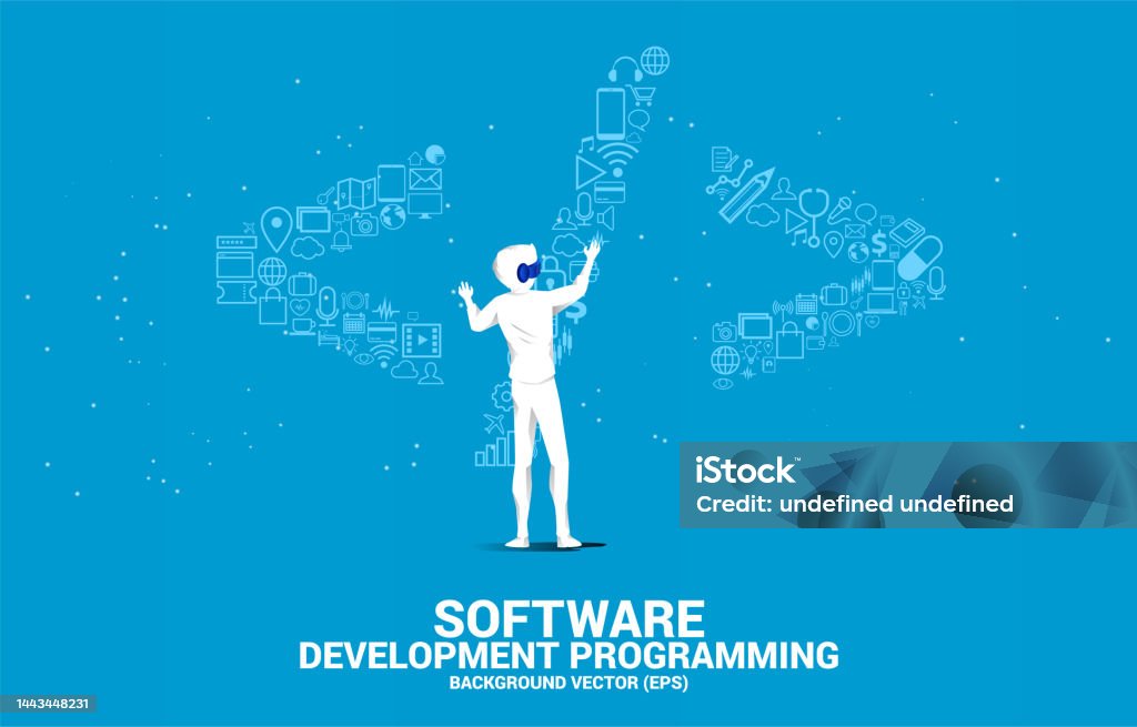 Silhouette Man Wear Vr Glasses And Software Development Programming Tag ...