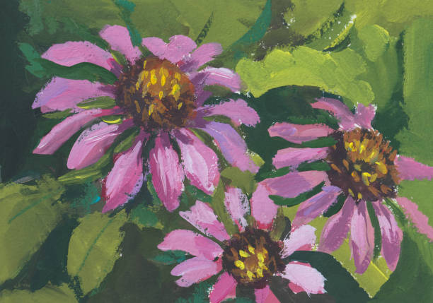 핑크 구아슈 꽃. - multi colored floral pattern acrylic painting purple stock illustrations