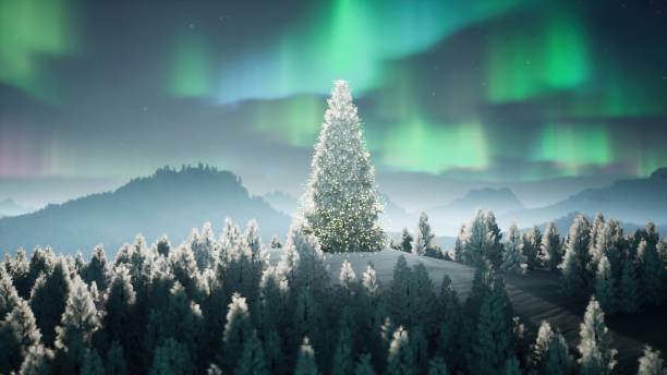 istock Christmas tree on a hill in Arctic lights 1443452072