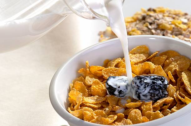 cereals in a bowl with milk stock photo