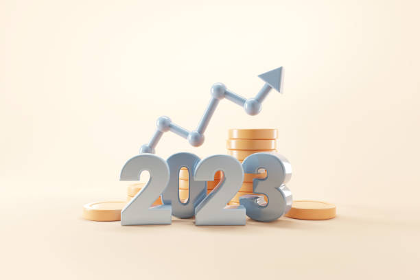 New year 2023 number with Stack of coins and growth graph. New year financial and saving money concept. 3d rendering illustration stock photo