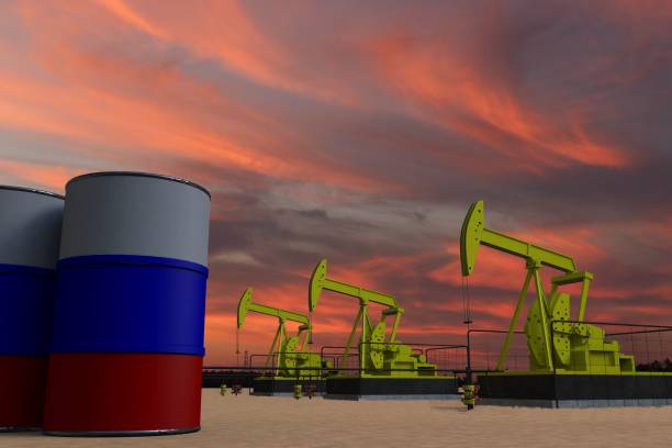 istock Nice pumpjack oil extraction and cloudy sky in sunset with the RUSSIA flag 3D rendering 1443454997