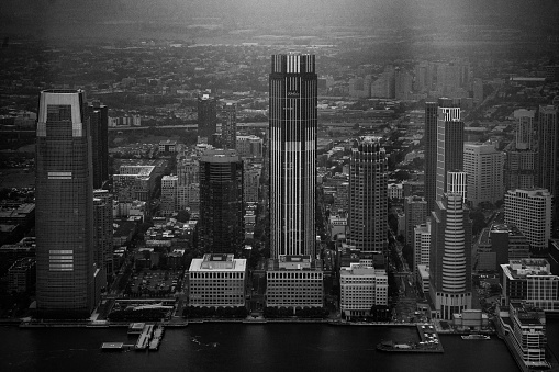 NEW YORK, UNITED STATES MAY 1970: New york aerial view with twin towers in 70's