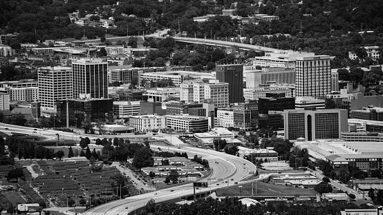 A greyscale aerial view of Chattanooga, TN