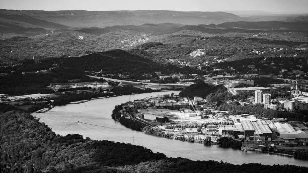 Greyscale aerial view of Chattanooga, TN