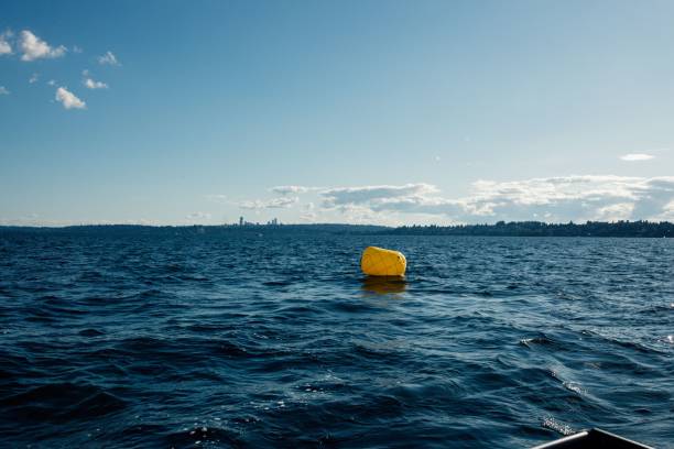 istock single yellow buoy alone on blue lake 1443455534