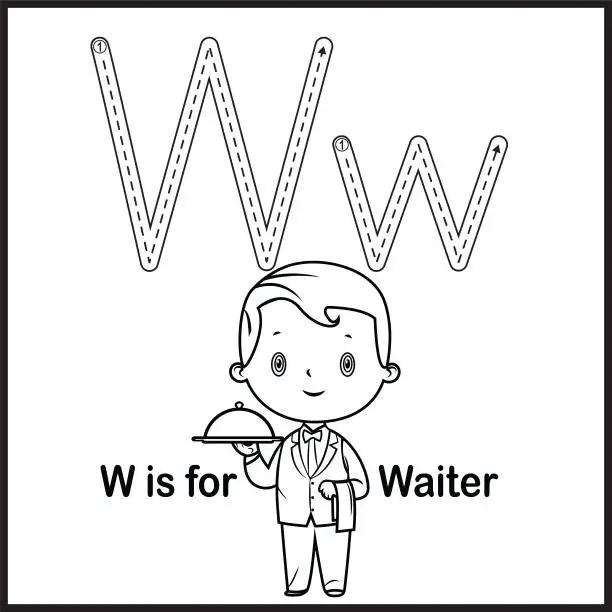 Vector illustration of Flashcard letter W is for Waiter vector Illustration