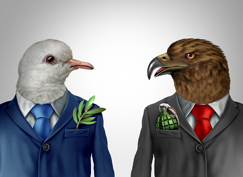 War Hawk and Peace Dove Diplomacy And Peace process symbol as a a diplomat or negotiators for a treaty or conflict resolution with an olive branch and grenade with 3D illustration elements.