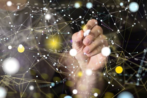 istock Male's hand pressing illustrative network connection structure with her fingers 1443457072