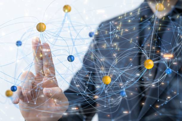 istock Male's hand pressing illustrative network connection structure with her fingers 1443457075