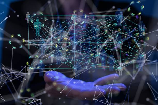 istock 3D rendering of human figures showing connection and network floating in the air 1443457128