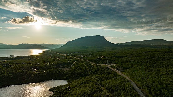 Aerial view of the Kilpisjarvi town and the Saana Fell, summer day in Finland