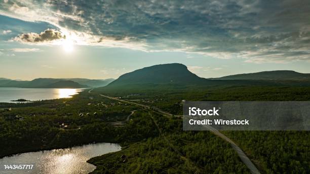 Kilpisjarvi Town And The Saana Fell Summer Day 01 Stock Photo - Download Image Now - Aerial View, Arctic, Beauty