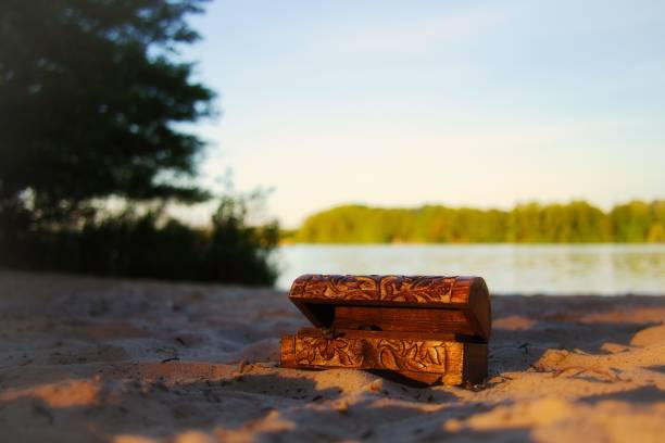 Closed wooden treasure chest on sandy beach