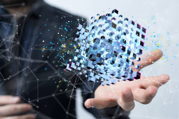 istock Man with an illustrative blockchain model floating on his palm 1443459123