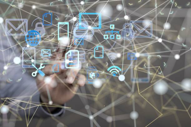 istock Blurred shot of a man touching 3d rendered icons shows network structure - Human resources 1443460380